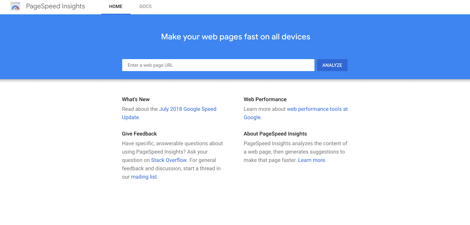 Google Page Insights homepage